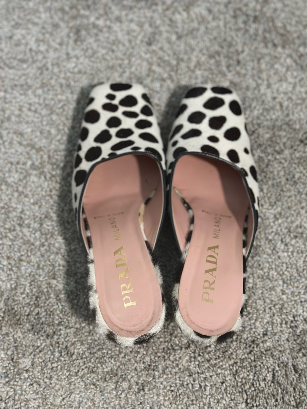 Prada Black and White Dalmatian Print Mule Slides with Pink Insole